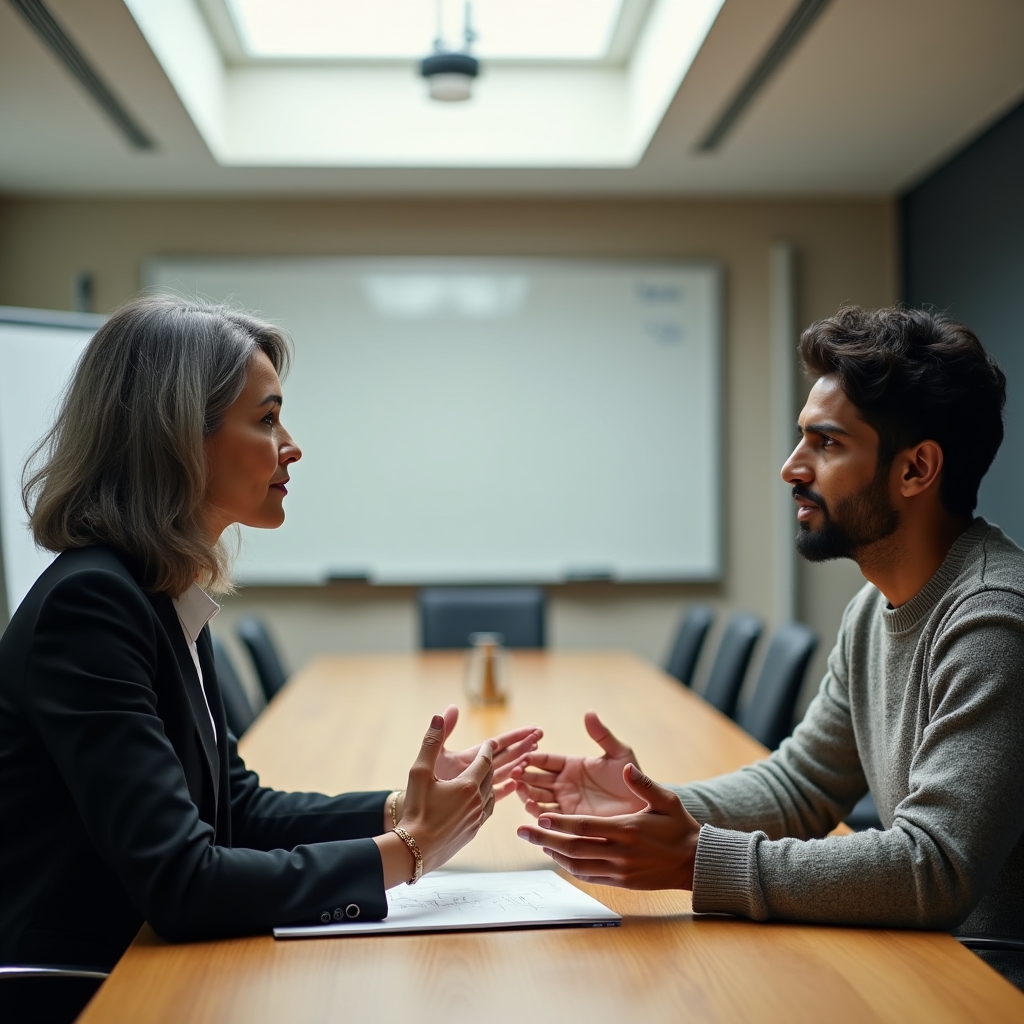 Zwei Personen besprechen an einem Tisch mögliche Alternativen zur Gehaltserhöhung